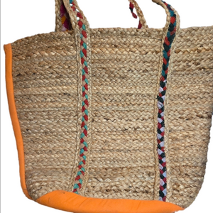 5B Style Jute Tote Bag Large Orange Multicolored Woven